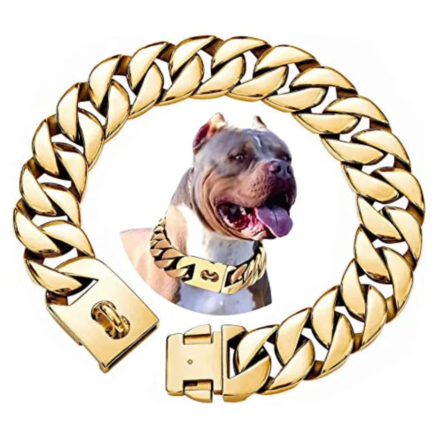 32MM Thick Cuban Link Collar - Strong Metal Gold Dog Collar with Buckle for Large Dogs