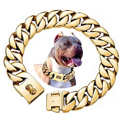32MM Thick Cuban Link Collar - Strong Metal Gold Dog Collar with Buckle for Large Dogs