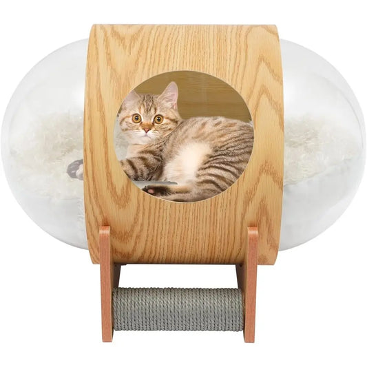 Space-Themed Wooden Pet Bed with Cushion and Transparent Acrylic Dome for Cats and Dogs, 25.6x18.9 inches