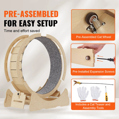 SucceBuy Wooden Cat Exercise Wheel with Detachable Carpet& Cat Teaser