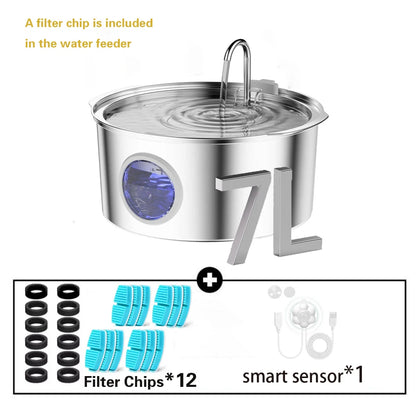 7L/236oz Large Capacity Pet Water Fountain 304 Stainless Steel Cat Water Fountain Ultra Quiet Pet Water Dispenser for Cats Dogs Automatic Drinking Bowl with Filter 24/7 Fresh Filtered Water Bowl（No 5V 1A Plug）