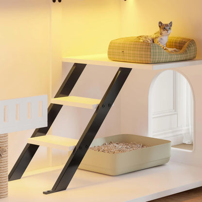 47.25" Cat House Large Space Hidden Cat Litter Box Enclosure with LED Light, Scratch Pad, Stairs and Smart Doors