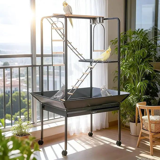 Pet Products Parrot Playstand with Wheels, Bird Cage Stand Activity Play Center with Perches and Ladders,Playground for Birds