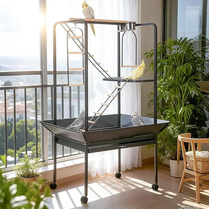 Pet Products Parrot Playstand with Wheels, Bird Cage Stand Activity Play Center with Perches and Ladders,Playground for Birds