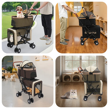 3-in-1 Multifunctional Pet Stroller Foldable Pet Stroller with 2 Pet Carriers for Small & Medium Dogs Bearing 77lbs Safety Lock