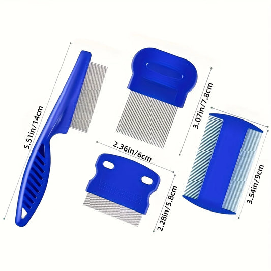 Pack of 4 Flea and Lice Combs, Stainless Steel Rabbit Dog Cat Grooming Comb with Round Teeth, Double-sided Professional Pet Tear