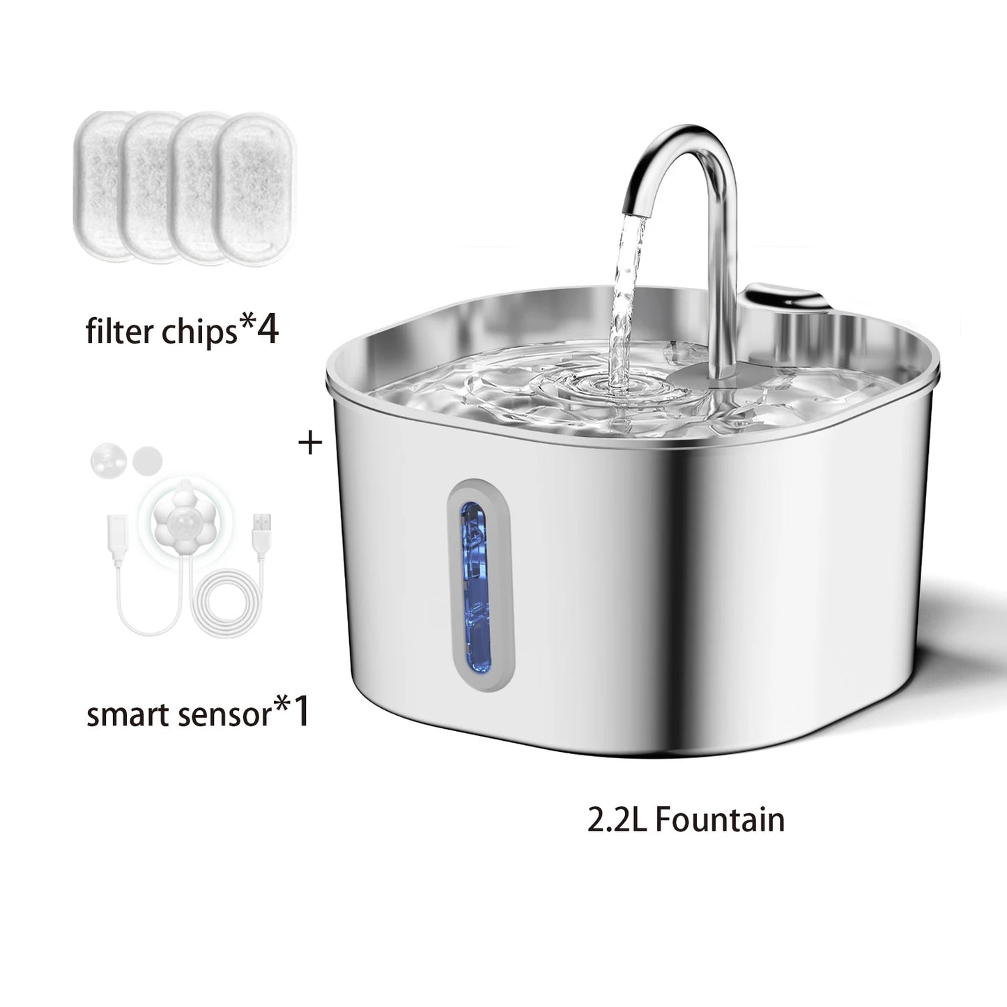 ZYFeeder 2.2L Automatic Cat Water Fountain Square Stainless Steel Dog Water Fountain with window（No 5V 1A Plug）