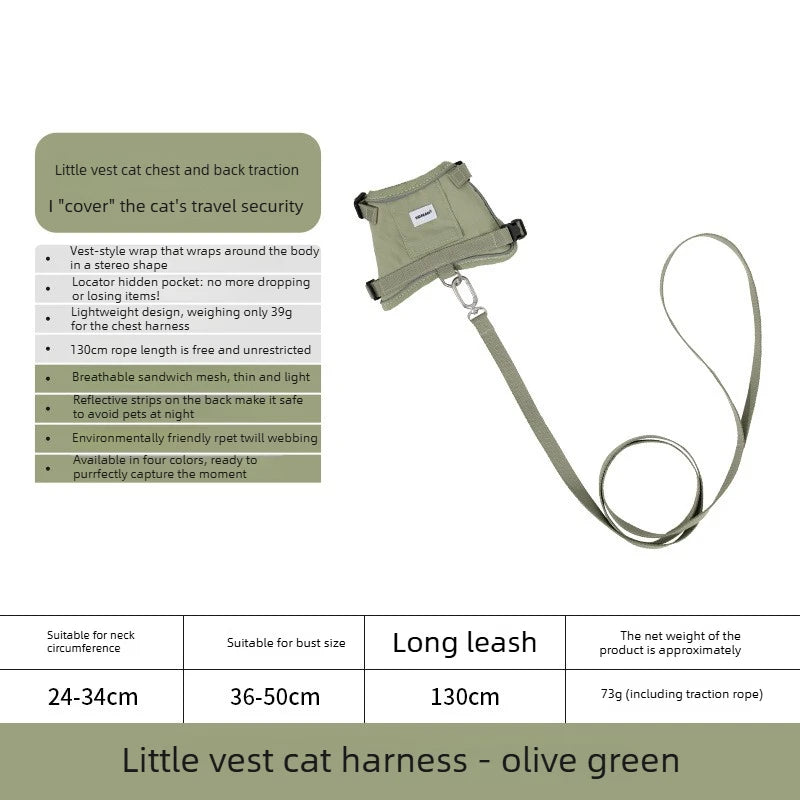 Anti-Escape Cat Vest Harness 39g, GPS Tracker Pocket, Breathable Mesh, Reflective, 130cm Leash for Walking,