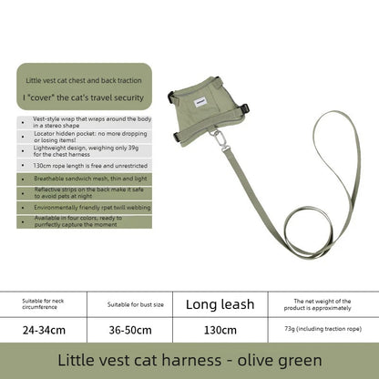 Anti-Escape Cat Vest Harness 39g, GPS Tracker Pocket, Breathable Mesh, Reflective, 130cm Leash for Walking,