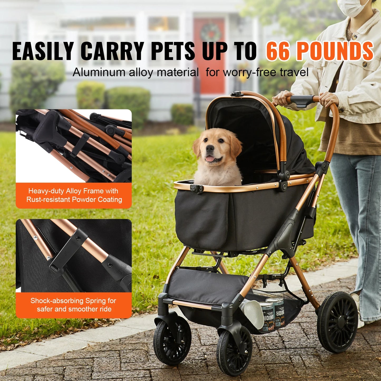 SucceBuy 66 lbs Pet Stroller Foldable Dog Puppy Stroller with Brakes Storage Basket Detachable Carrier for Small to Medium Dogs