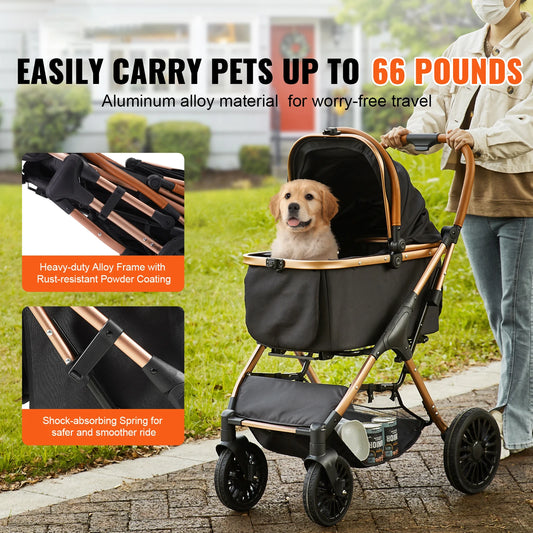 SucceBuy 66 lbs Pet Stroller Foldable Dog Puppy Stroller with Brakes Storage Basket Detachable Carrier for Small to Medium Dogs