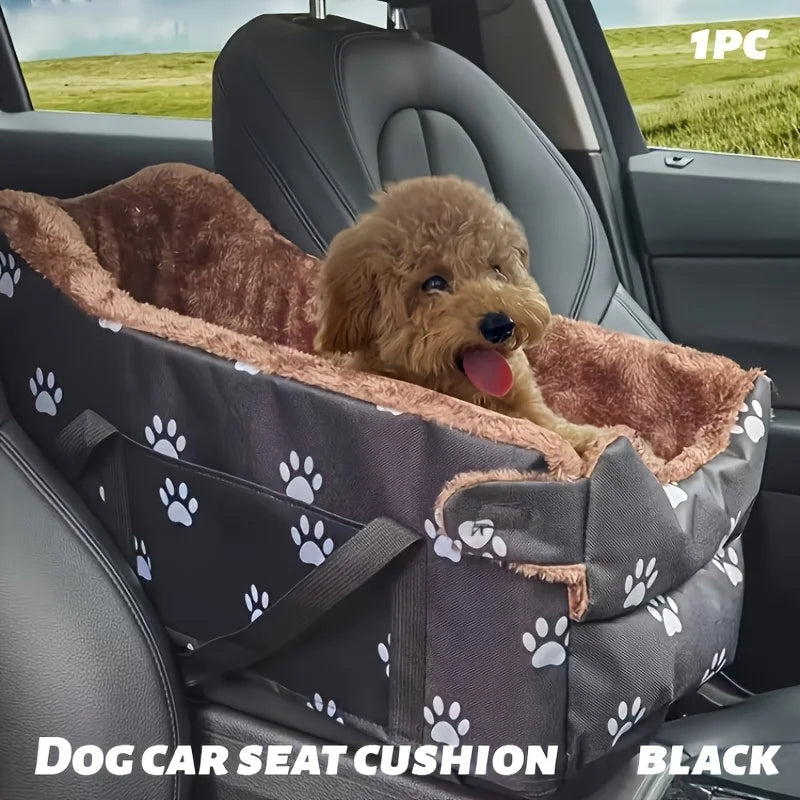 Black Fabric Dog Car Seat - Portable Pet Booster Basket with Paw Print Design, Equipped with Comfort Armrests and Headrest