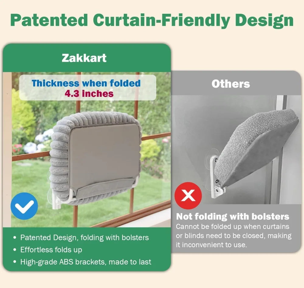 Foldable Cat Window Perch - Cordless, Ultra Soft Machine Washable Bed with 4-Sided Bolster, Metal Frame - Window Hammock for Large Cats and Kittens, Cream White, Medium