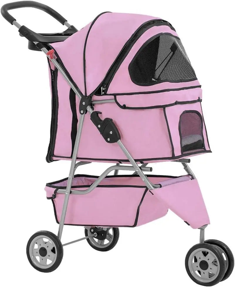 3-Wheel Folding Pet Stroller for Small Dogs and Cats, Waterproof with Cup Holder & Removable Liner, Pink