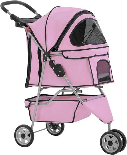 3-Wheel Folding Pet Stroller for Small Dogs and Cats, Waterproof with Cup Holder & Removable Liner, Pink