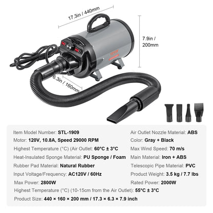 SucceBuy 2000W/2.7HP Dog Blow Dryer Adjustable Speed Temperature Control with 4 Nozzle and Extendable Hose for Pet Hair Grooming