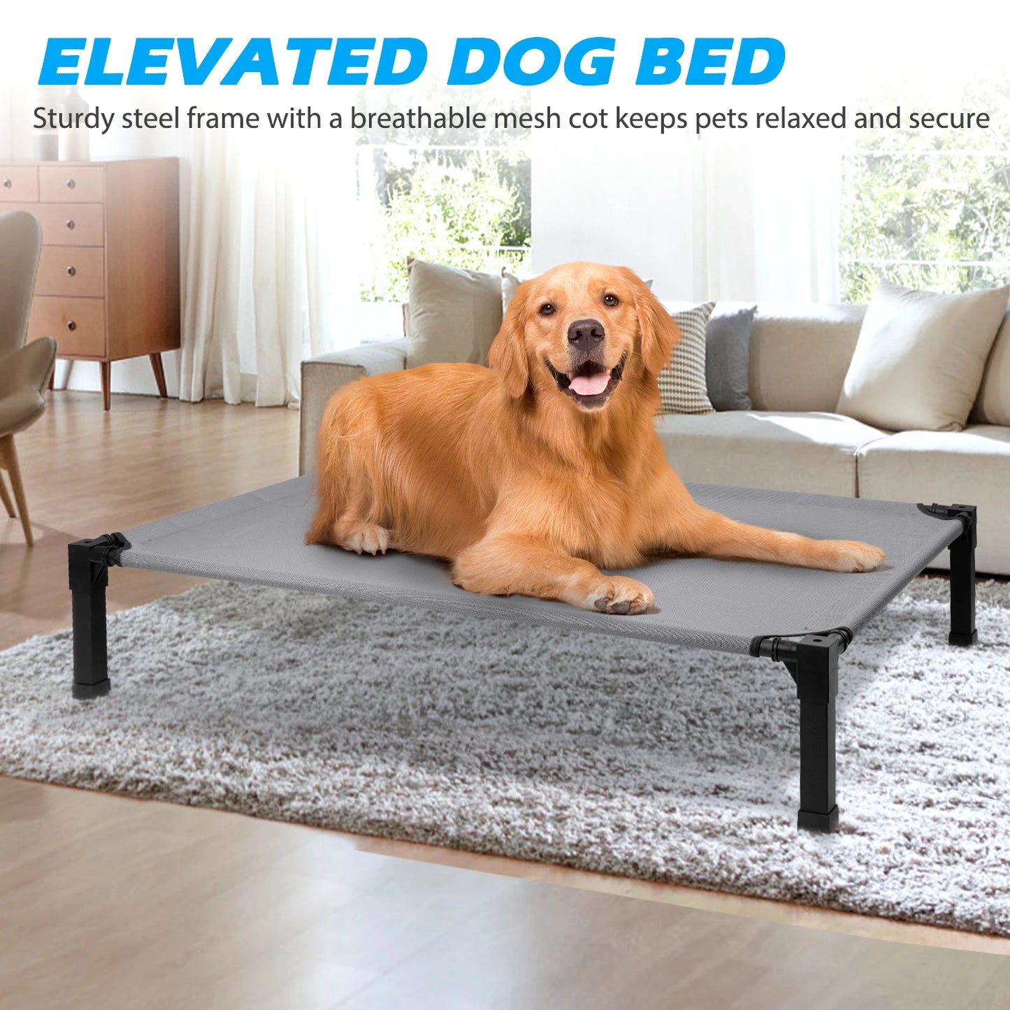 Elevated Dog Bed, Cooling Raised Pet Cot with Chew Proof Washable Breathable Mesh and Metal Frame, Portable.