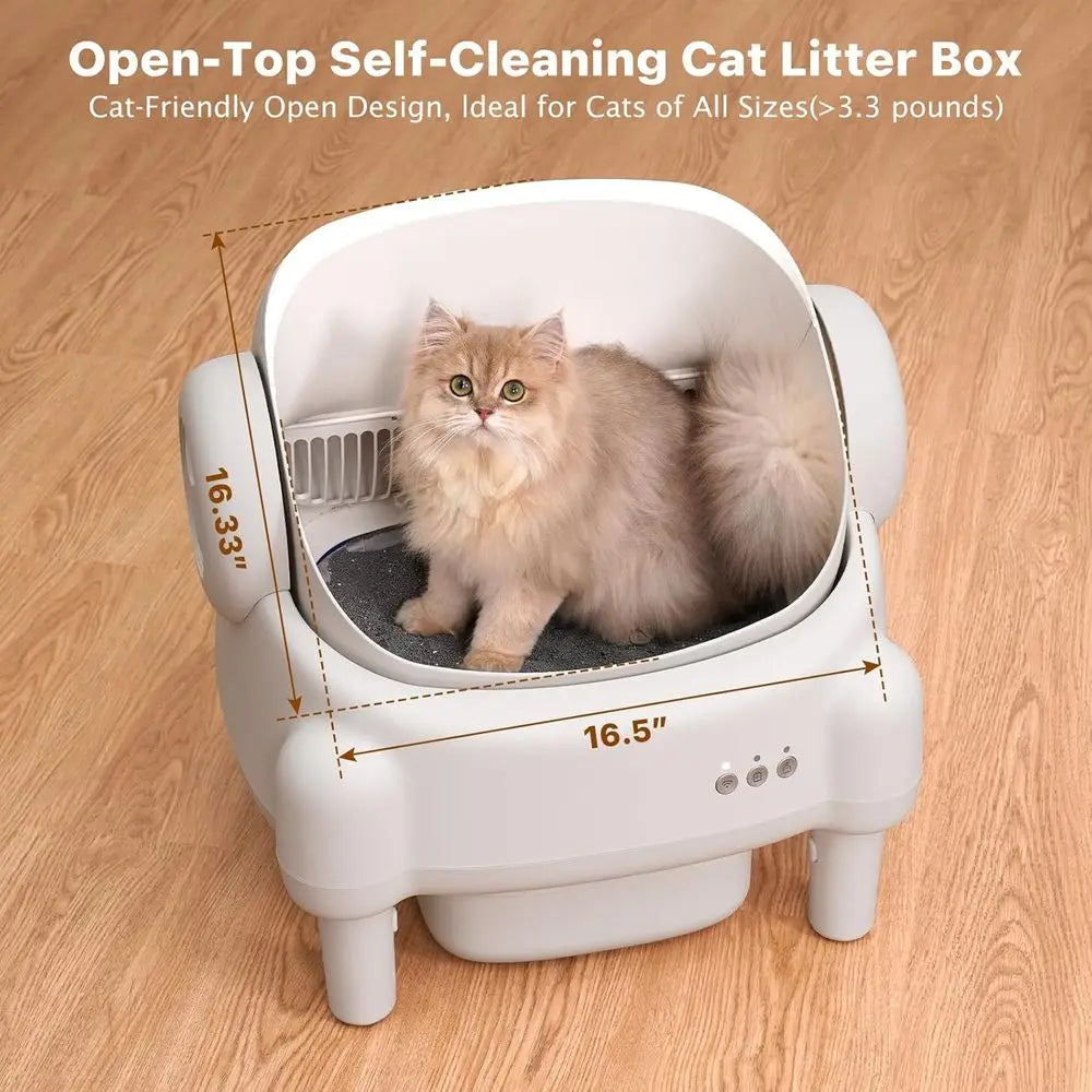 Luxury App-Controlled Open-Top Self-Cleaning Litter Box for Multiple Cats with Safety, Odor Control, 2 Liners, Large Bin - Cream
