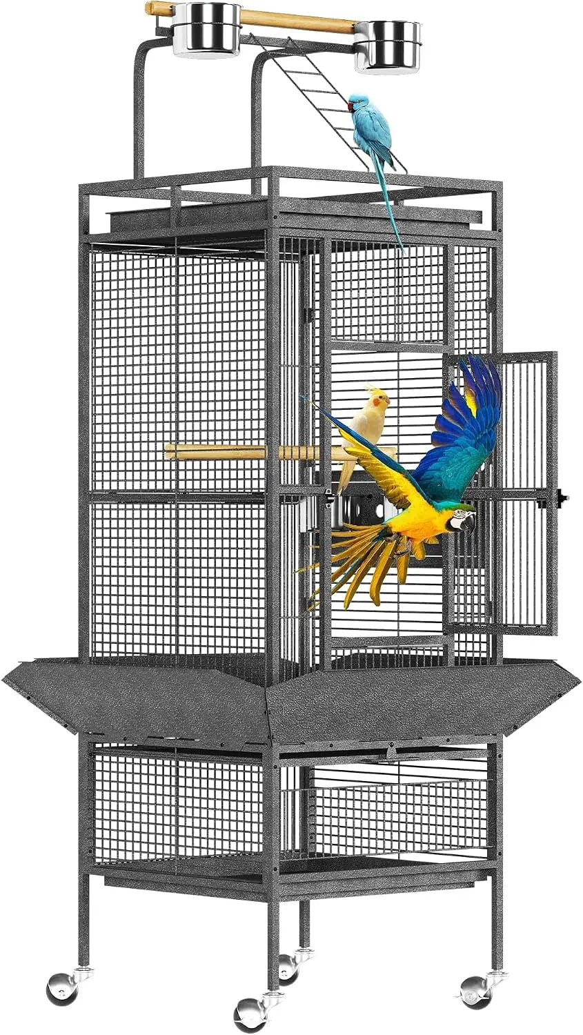 61in Large Bird Cage with Playground, Rolling Parrot Cage, Feeding Accessories, for Parrots, Parakeets, Conures, Black