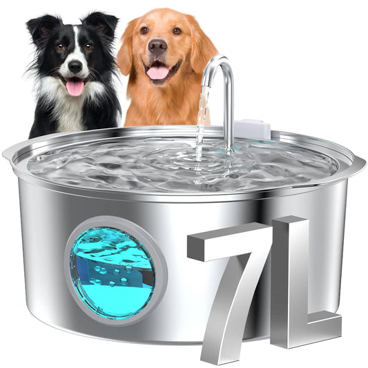 7L/236oz Large Capacity Pet Water Fountain 304 Stainless Steel Cat Water Fountain Ultra Quiet Pet Water Dispenser for Cats Dogs Automatic Drinking Bowl with Filter 24/7 Fresh Filtered Water Bowl（No 5V 1A Plug）