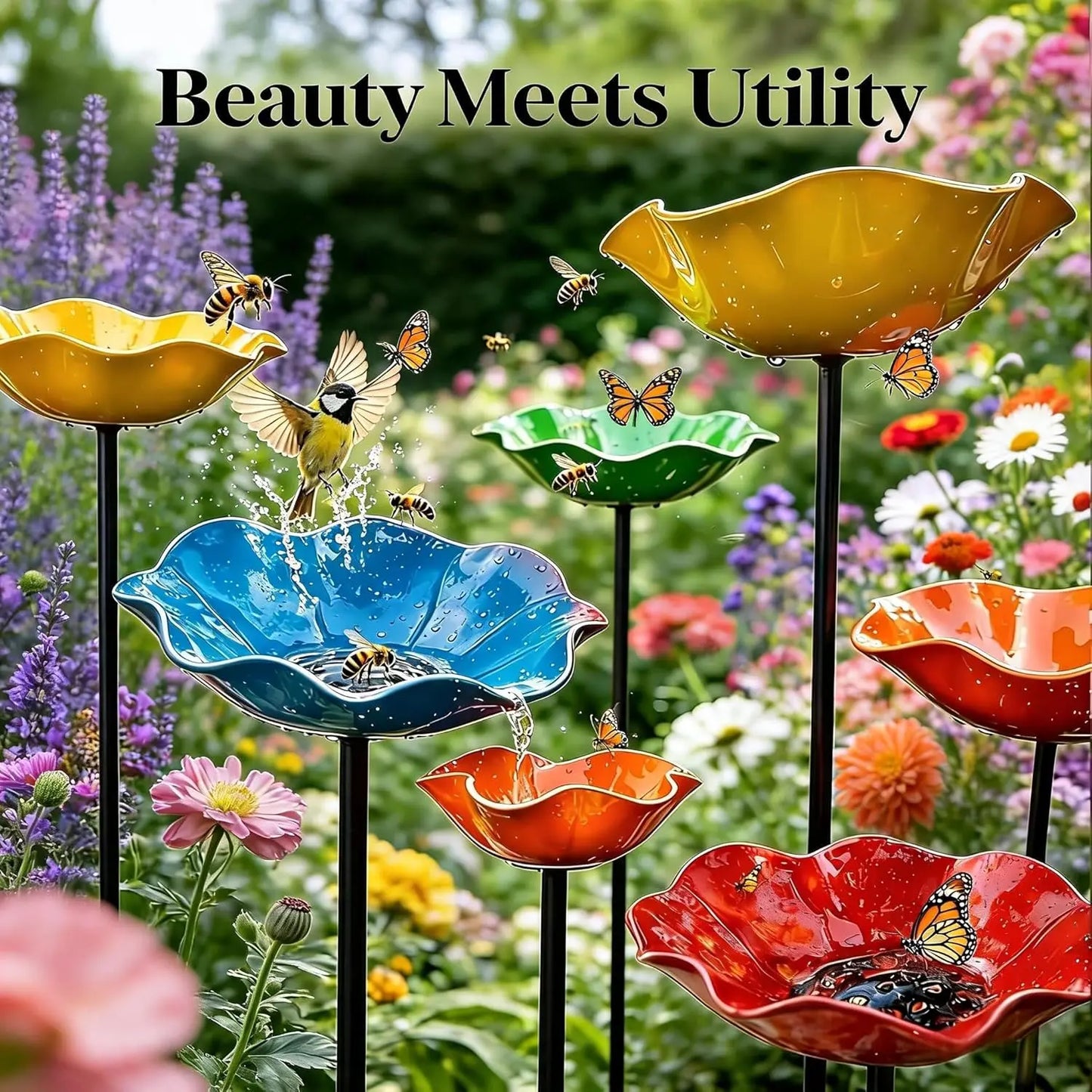 Metal Flower Garden Stakes Bird Bath 4-in-1 Pollinator Water Station - Hummingbird Feeder Bird Bath for Outdoor Yard Decor