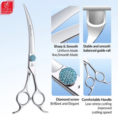 Fenice Professional 6.5/7.5 Inch Super Big Curved Scissors 45°  Curved Scissors for Trimming Dog's Round Head Pet Grooming Tools