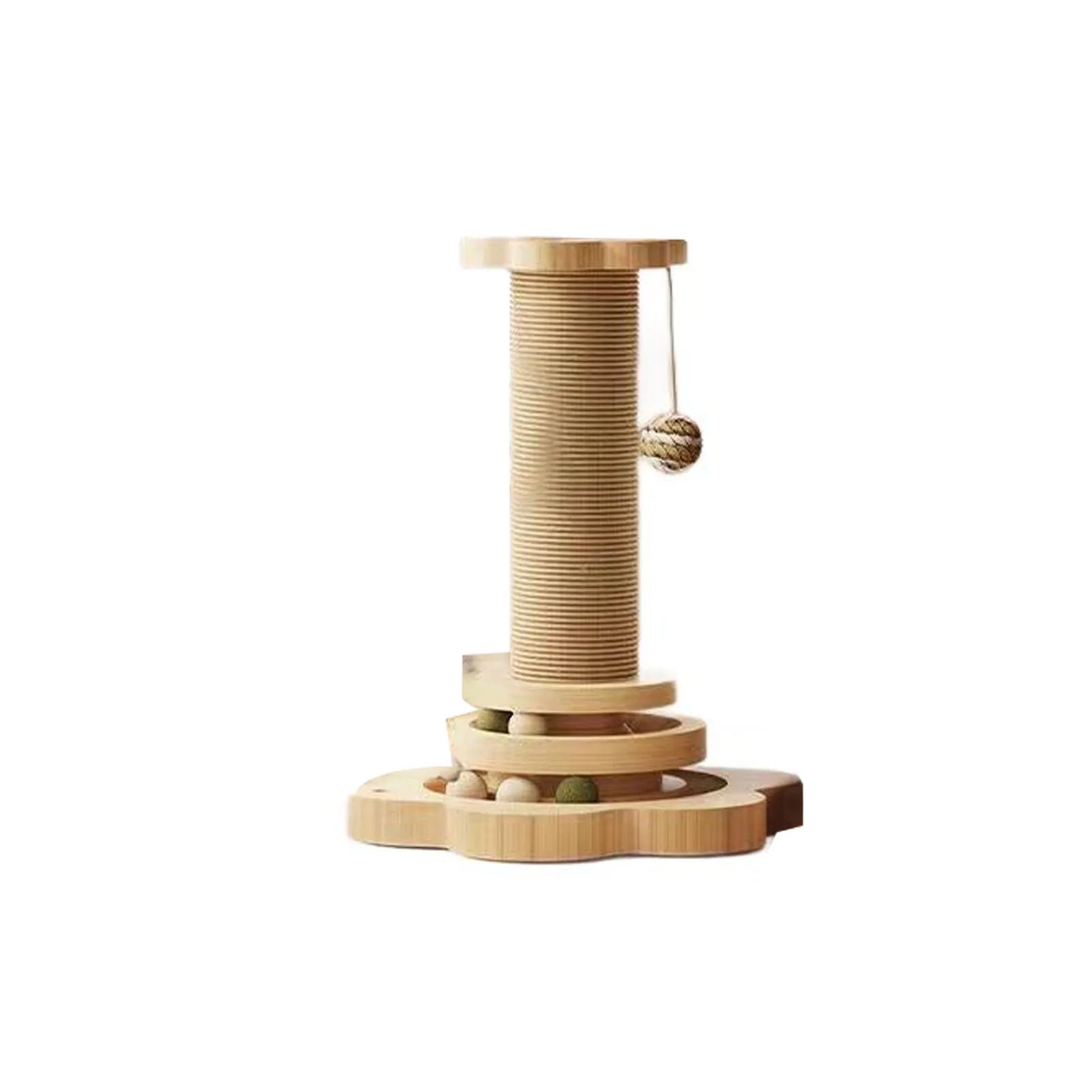Cat Scratching Post with Toys Solid Wood Waterproof Base Tall Cat Scratcher Tree Tower with Cat Toy and Interactive Ball