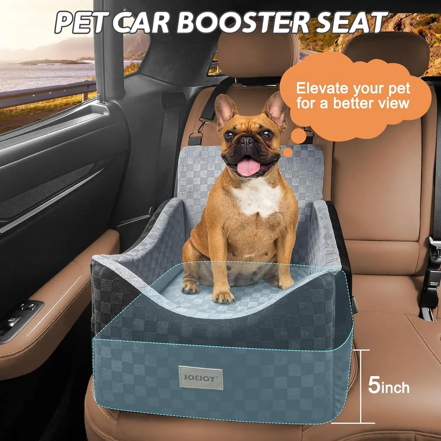 Elevated Dog Car Seat for Small/Medium Dogs up to 35 lbs, Memory Foam Booster with Washable Cover and Safety Belts