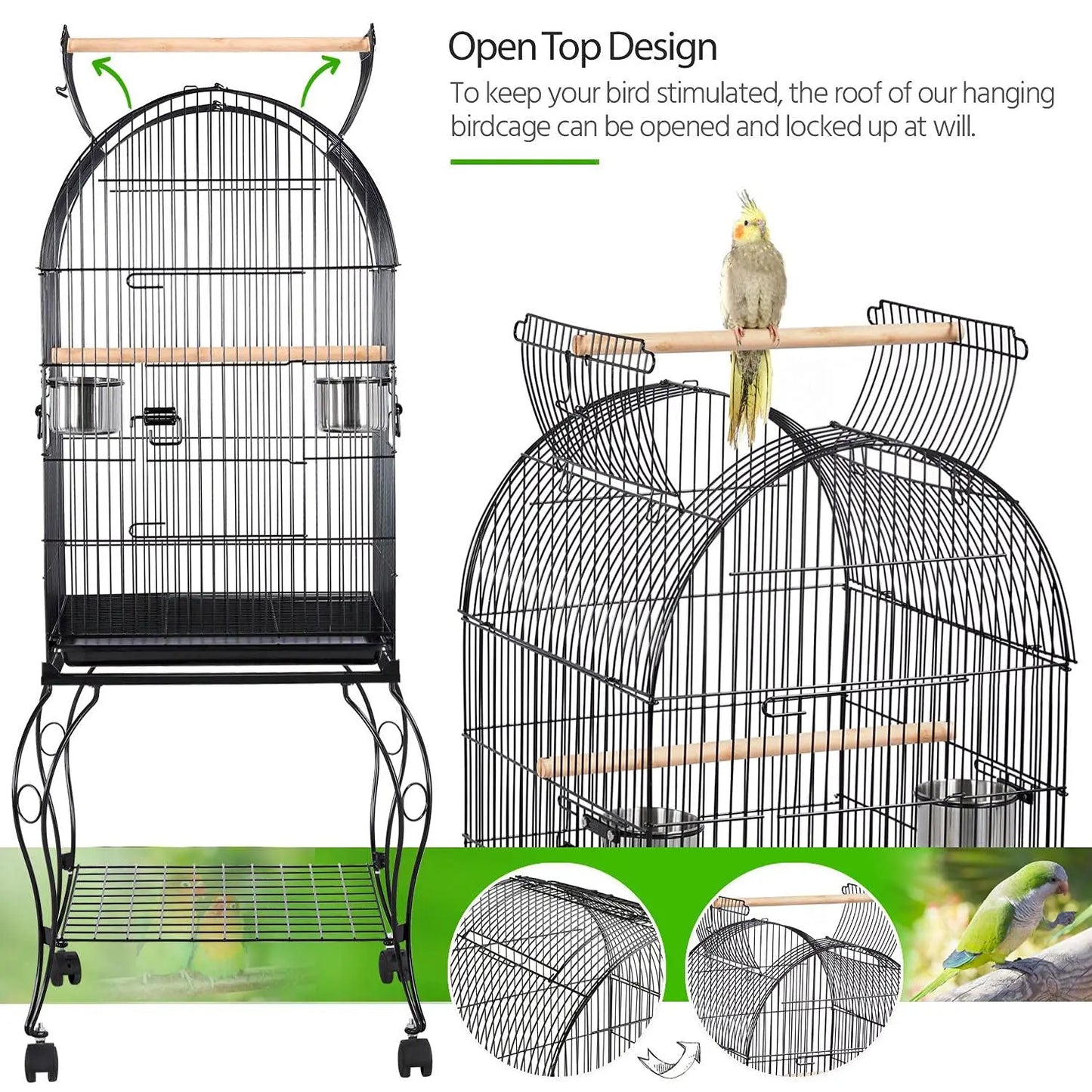 59-Inch Rolling Standing Medium Dome Open Top Bird Cage for Parrots Cockatiels Sun Conures Parakeets Lovebirds, Customized