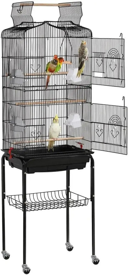 64'' Open Top Bird Cage for Parakeets, Cockatiels, Budgies, Lovebirds - with Slide-Out Tray, Feeders, Detachable Rolling Stand