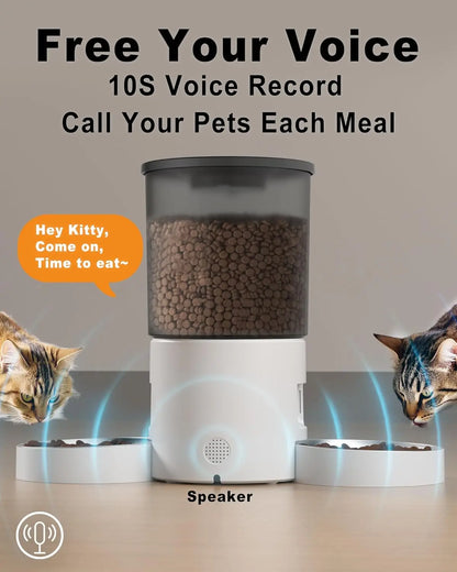 Automatic Cat Feeder with Double Bowls, 4.2L Dry Food Dispenser, Programmable Portion Control, Dual Power Supply