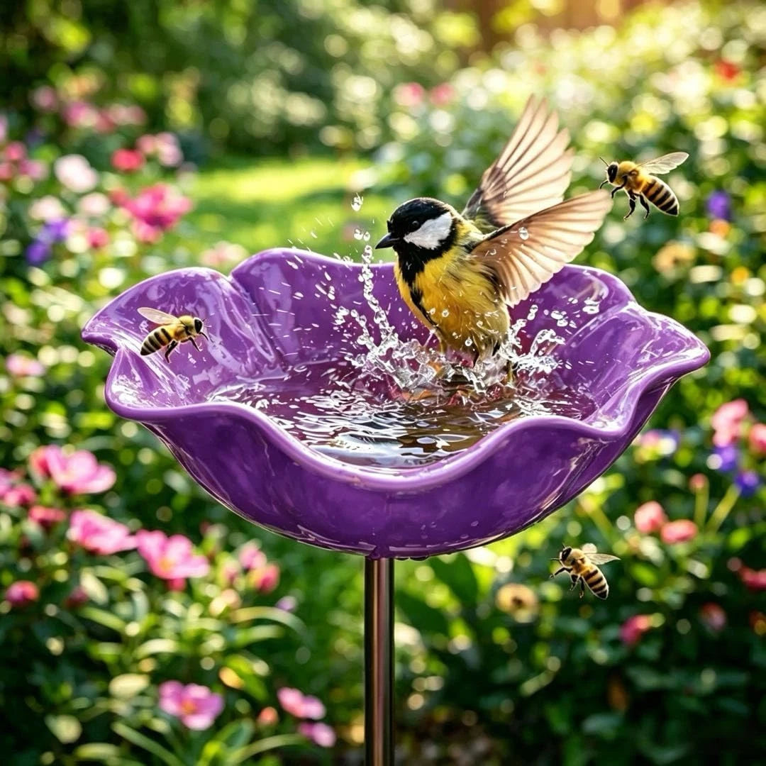 Metal Flower Garden Stakes Bird Bath 4-in-1 Pollinator Water Station - Hummingbird Feeder Bird Bath for Outdoor Yard Decor