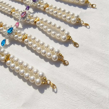 1pc Luxury Double Layer Pearl Pet Necklace with Diamond Pendant Wedding Costume Dog Cat Crystal Jewelry Accessories Pet Supplies