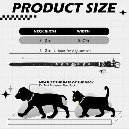 Adjustable Leather Cat Collar with Safety Elastic Belt, Punk Buckle Bell & Durable D-Ring, Rivet (Black)
