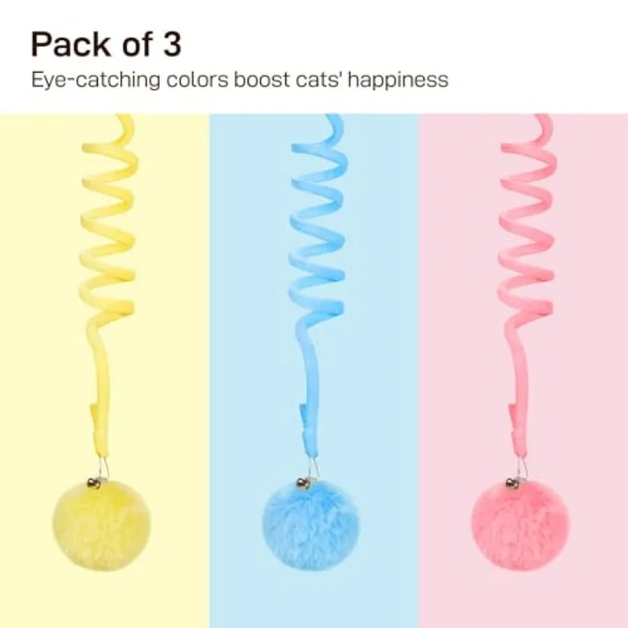 Hanging Fluffy Cat Catnip Ball Toys 3 Pcs with Bell, Interactive Cat Teaser Retractable Toys Indoor Kitten Play Chase Exercise