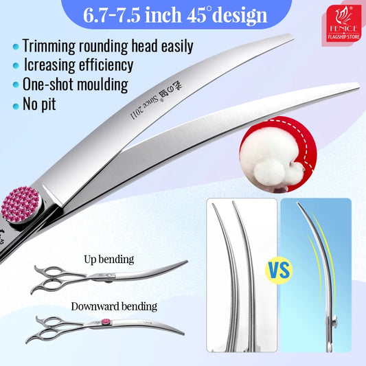Fenice Professional 6.5/7.5 Inch Super Big Curved Scissors 45°  Curved Scissors for Trimming Dog's Round Head Pet Grooming Tools