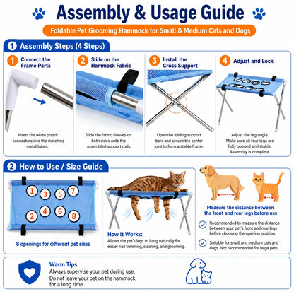 Portable Pet Grooming Table for Cats Small Dogs Foldable Stainless Steel Nail Trimming Hammock Breathable Mesh Home Pet Care