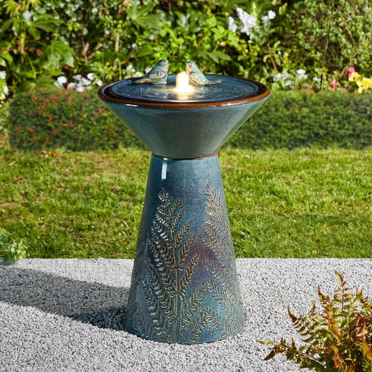 27.5" H Ceramic Garden Water Fountain with LED Light and Pump Bird Bath Fountain Outdoor Turquoise Embossed Pattern, Customized
