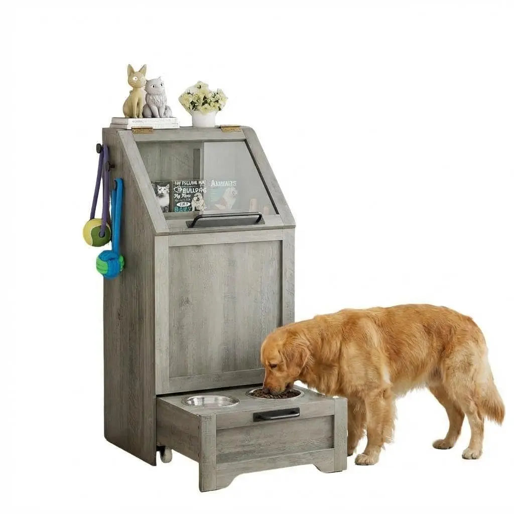 Dog Food Station with Storage, Raised Bowls, Dog Food Storage Cabinet with Hanger for Feeding