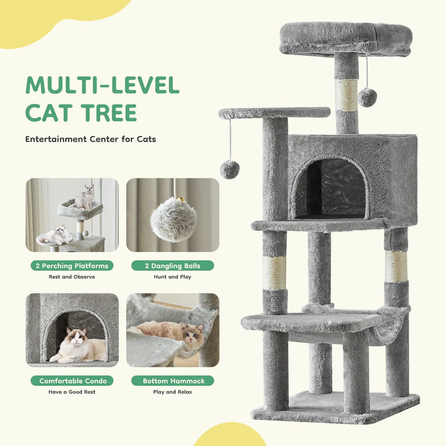JHK 44In Cat Tree Tall Multi-Cat Climbing Tower, Scratching Posts Stable House for Indoor Cat