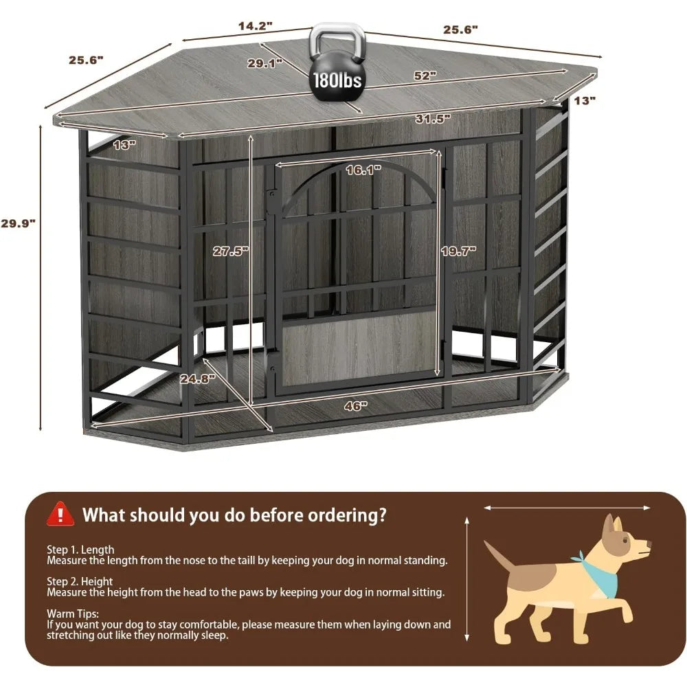 corner dog crate furniture, 52 inch large dog kennel indoor wooden end table, modern dog cage decorative pet house