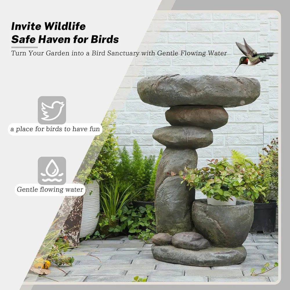 Solar Fountain for Bird Bath, Water Fountain Outdoor with Planter, Freestanding Rock Solar Waterfall with LED, Customized