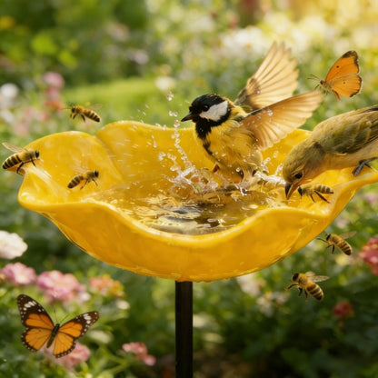 Metal Flower Garden Stakes Bird Bath 4-in-1 Pollinator Water Station - Hummingbird Feeder Bird Bath for Outdoor Yard Decor