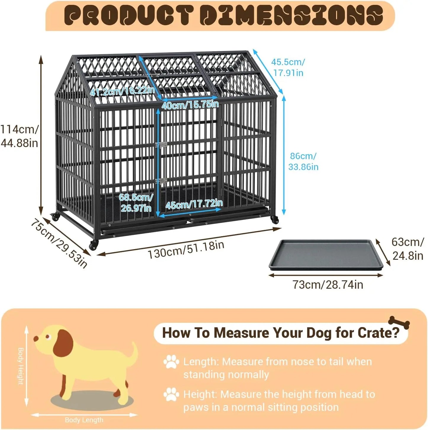 52 Inch Heavy Duty Dog Crate, Large Metal Dog Kennel with Roof Top, 2 Door Dog Cage House with Removable Tray and Wheels