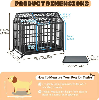52 Inch Heavy Duty Dog Crate, Large Metal Dog Kennel with Roof Top, 2 Door Dog Cage House with Removable Tray and Wheels