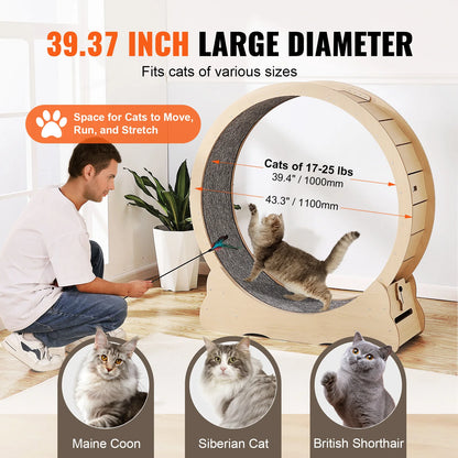 SucceBuy Wooden Cat Exercise Wheel with Detachable Carpet& Cat Teaser