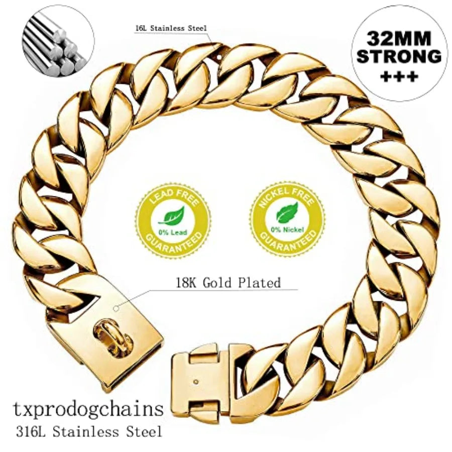 32MM Thick Cuban Link Collar - Strong Metal Gold Dog Collar with Buckle for Large Dogs