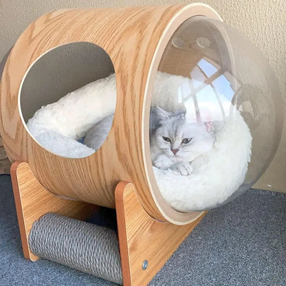 Space-Themed Wooden Pet Bed with Cushion and Transparent Acrylic Dome for Cats and Dogs, 25.6x18.9 inches