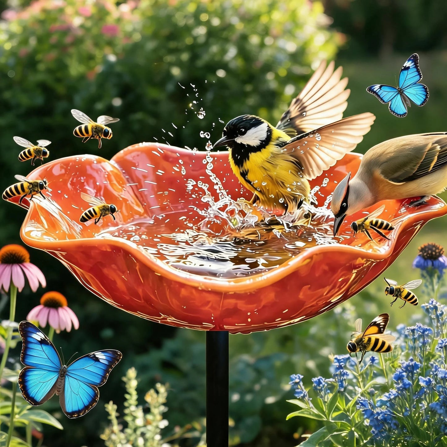 Metal Flower Garden Stakes Bird Bath 4-in-1 Pollinator Water Station - Hummingbird Feeder Bird Bath for Outdoor Yard Decor