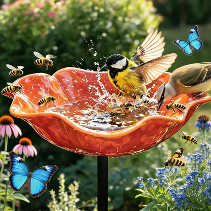Metal Flower Garden Stakes Bird Bath 4-in-1 Pollinator Water Station - Hummingbird Feeder Bird Bath for Outdoor Yard Decor